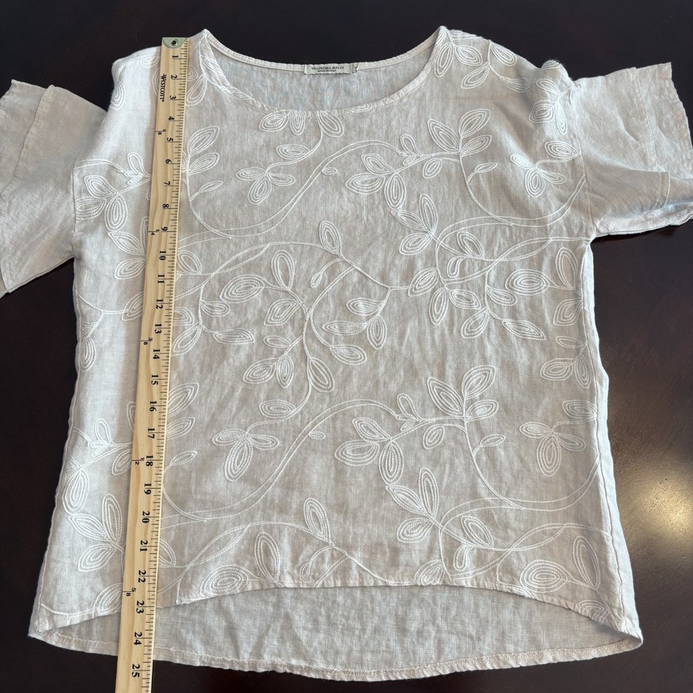 100% Linen Floral Embroidered Flutter Sleeve Top Beige S Lagenlook Artsy Coastal - Picture 9 of 9